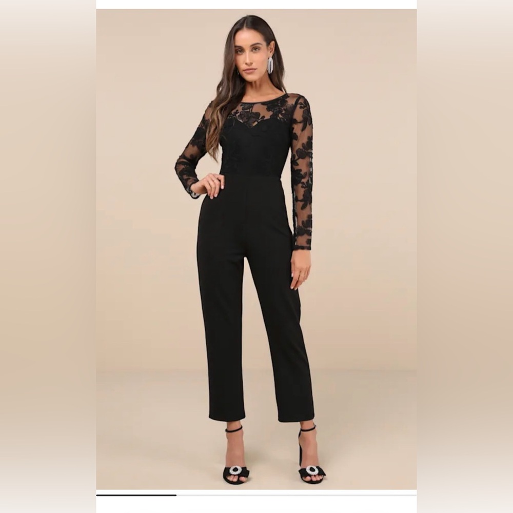 Lulus Write Your Own Romance Black Embroidered Long Sleeve Jumpsuit size XS